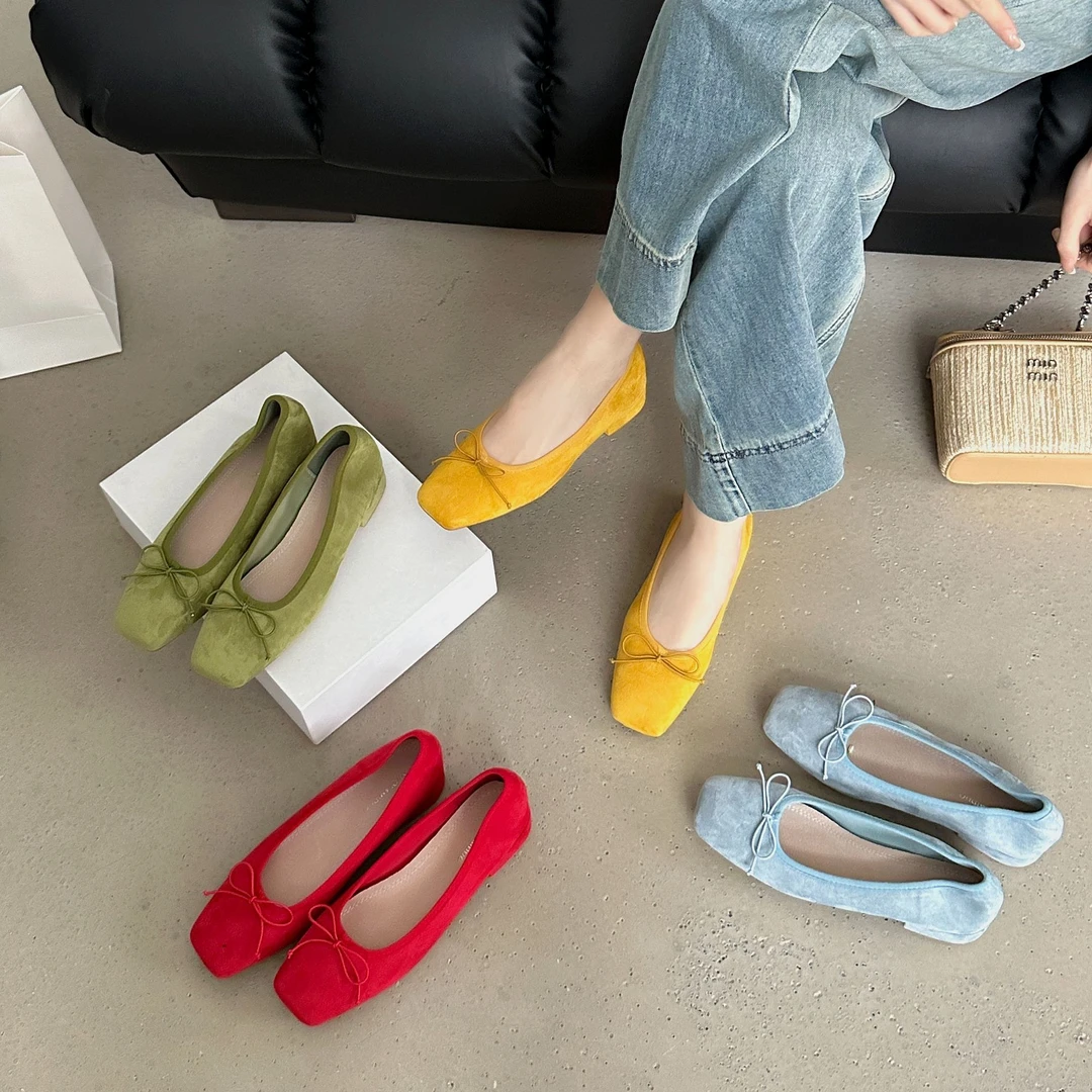 欧若风芭蕾舞鞋女软底软面粗跟单鞋百搭舒适方头浅口方头奶奶鞋女