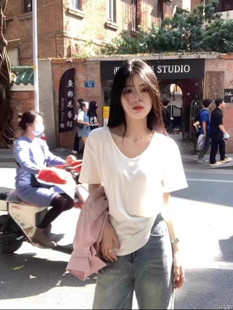 运补6-8 大领口竹节棉V领短袖t恤女夏季薄款宽松百搭慵懒上衣