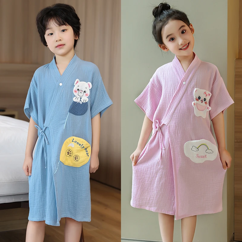 A类纯棉纱布儿童浴袍男女童洗澡家用吸水可穿式浴巾速干可爱浴裙