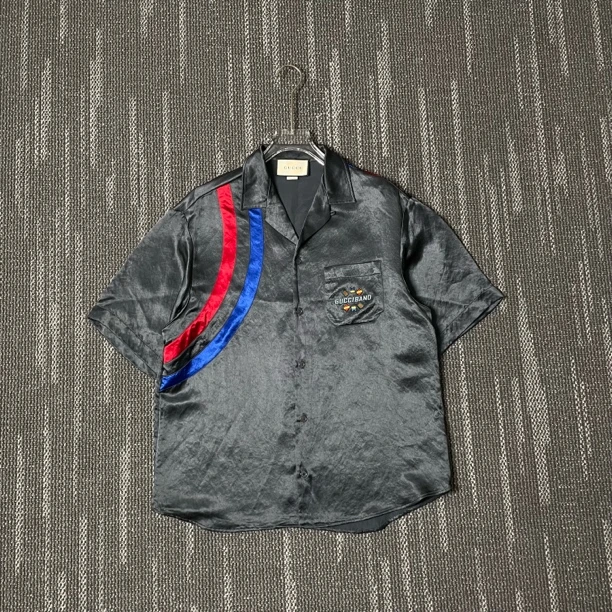 99新 GUCCI/古驰 刺绣撞色条纹宽松短袖衬衫/尺码50
