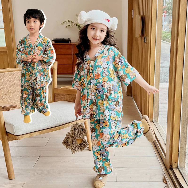 【小风子老板娘专属】7A抗菌韩版儿童绵绸宽松男女童五分袖长裤套装