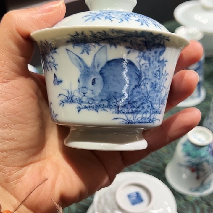 扁钟家窑孤品桂花玉兔盖碗