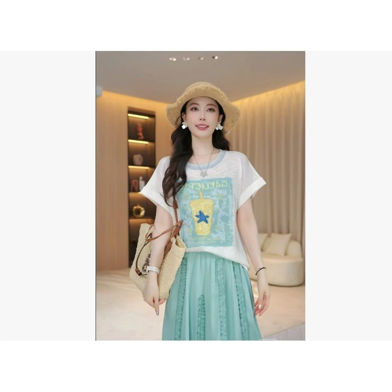 【星星杯】夏季百搭时尚图案宽松短袖圆领卡通毛织T恤上衣35366