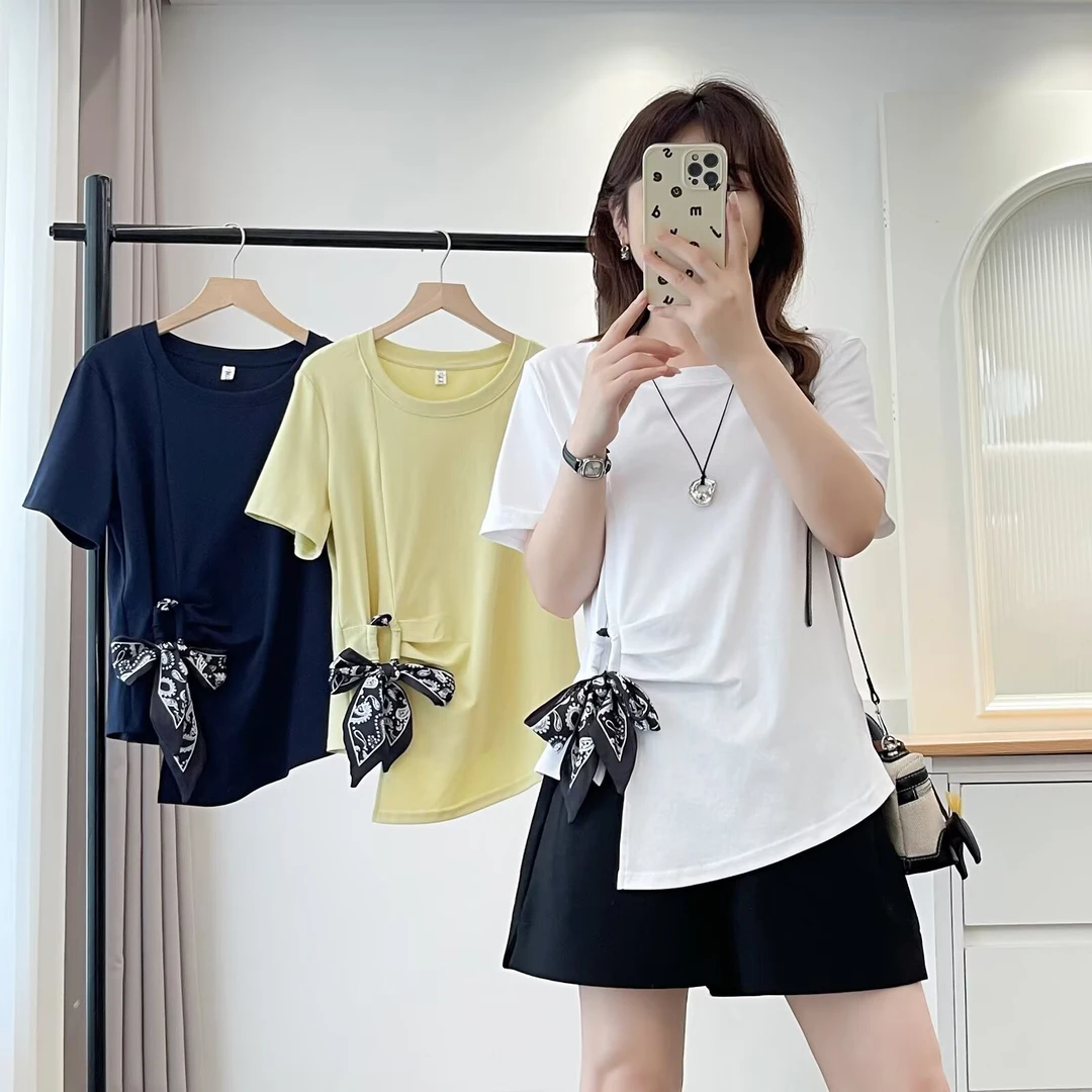 YueBeiLa/月贝拉大码女装夏装洋气丝带不规则别致短袖T恤ins上衣