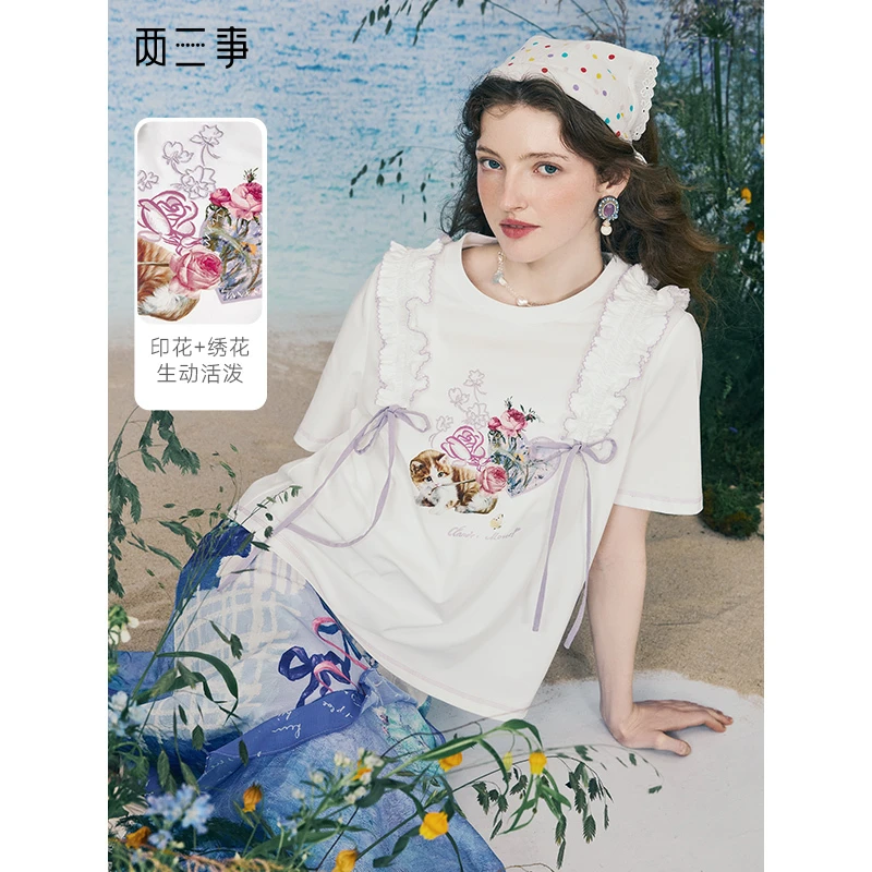 两三事 香榭喵喵 木耳边拼接猫咪印花刺绣短袖t恤S25QT046