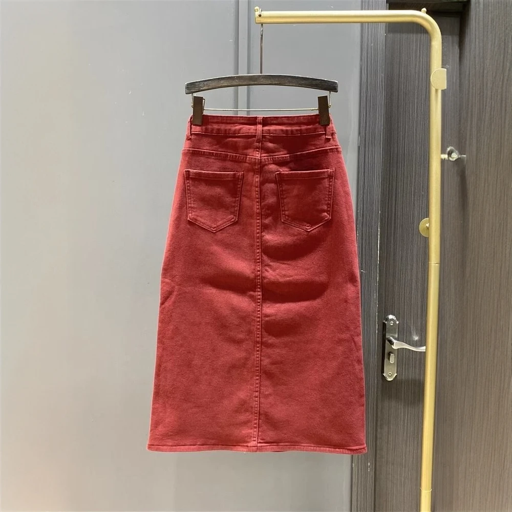 2025新款设计感安哥拉红牛仔半身裙女春秋季开叉显瘦包臀中长裙子