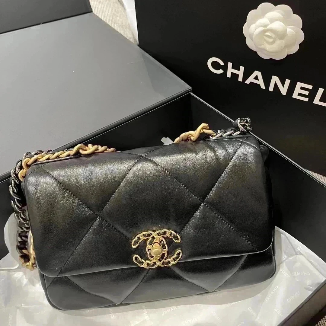 未使用 Chanel/香奈儿 黑金19bag 芯片款 羊皮 菱格链条斜挎包