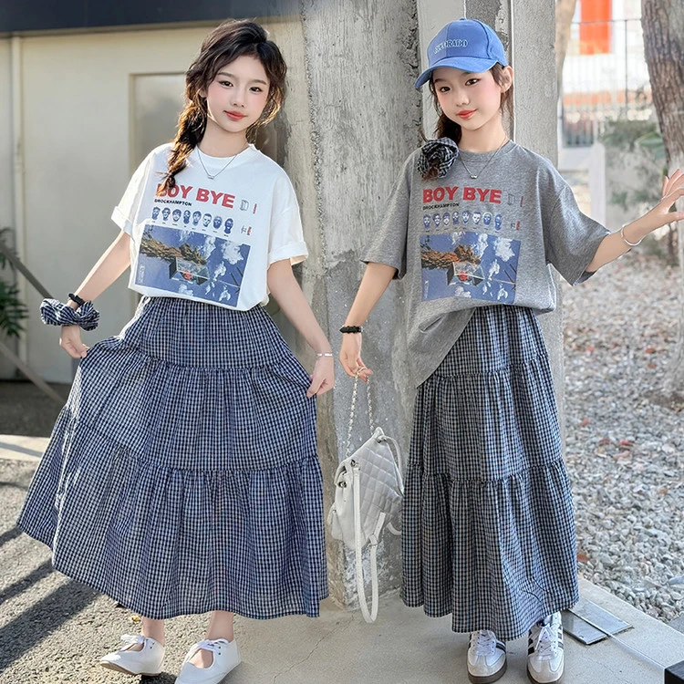 女童百搭字母印花短袖2025夏季新款韩系时尚格子半身裙两件套潮
