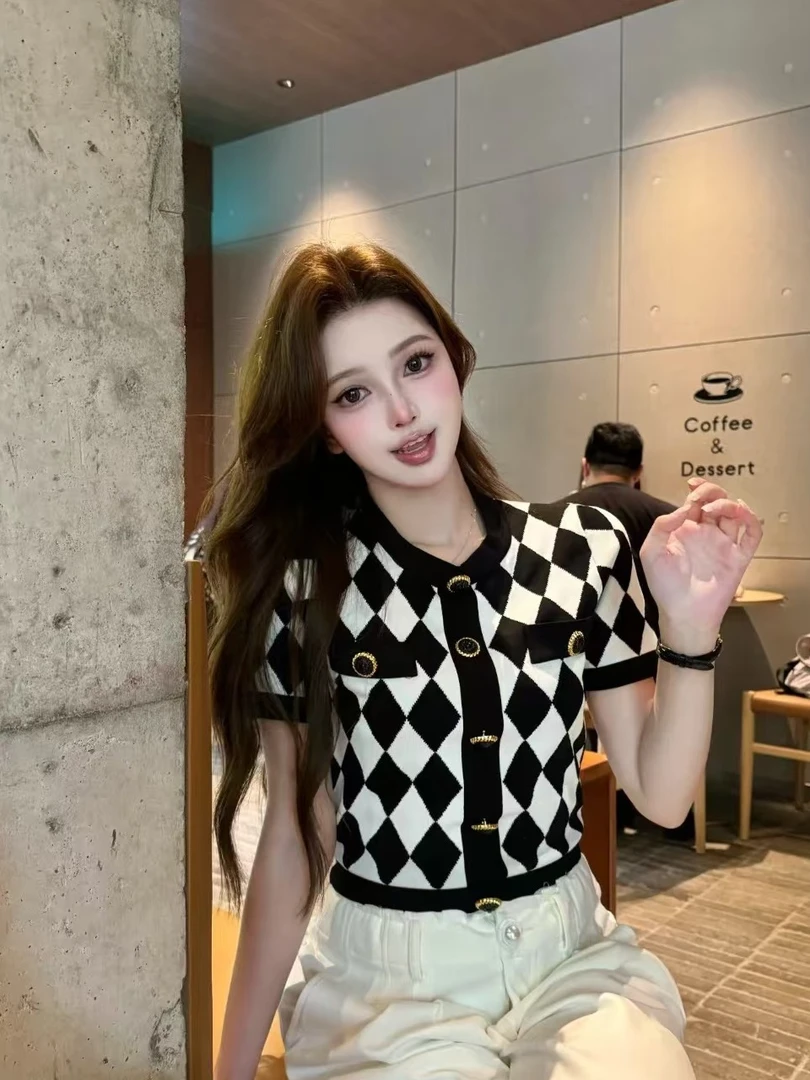 <猪猪出品>2025春夏上新时尚黑白菱格夏季复古针织短袖开衫462