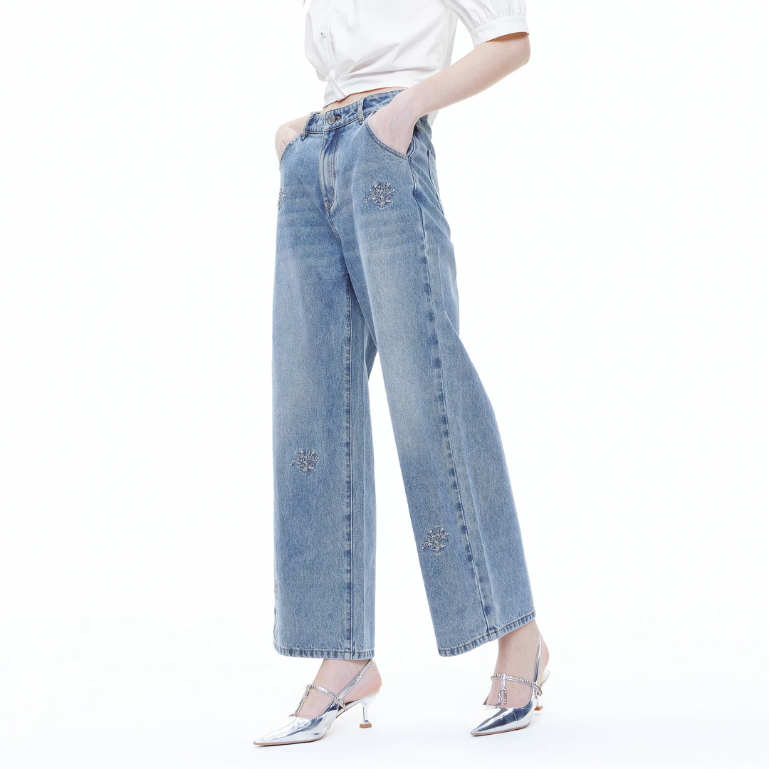 MISSCOCOON可可尼花束刺绣阔腿裤2025夏季新款直筒裤宽松牛仔裤