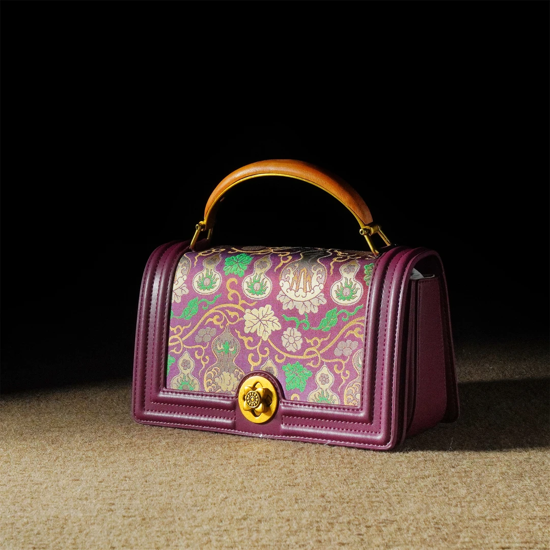 森下新中式张和才蜀锦手提包2025秋冬国风牛皮单肩斜挎百搭通勤包