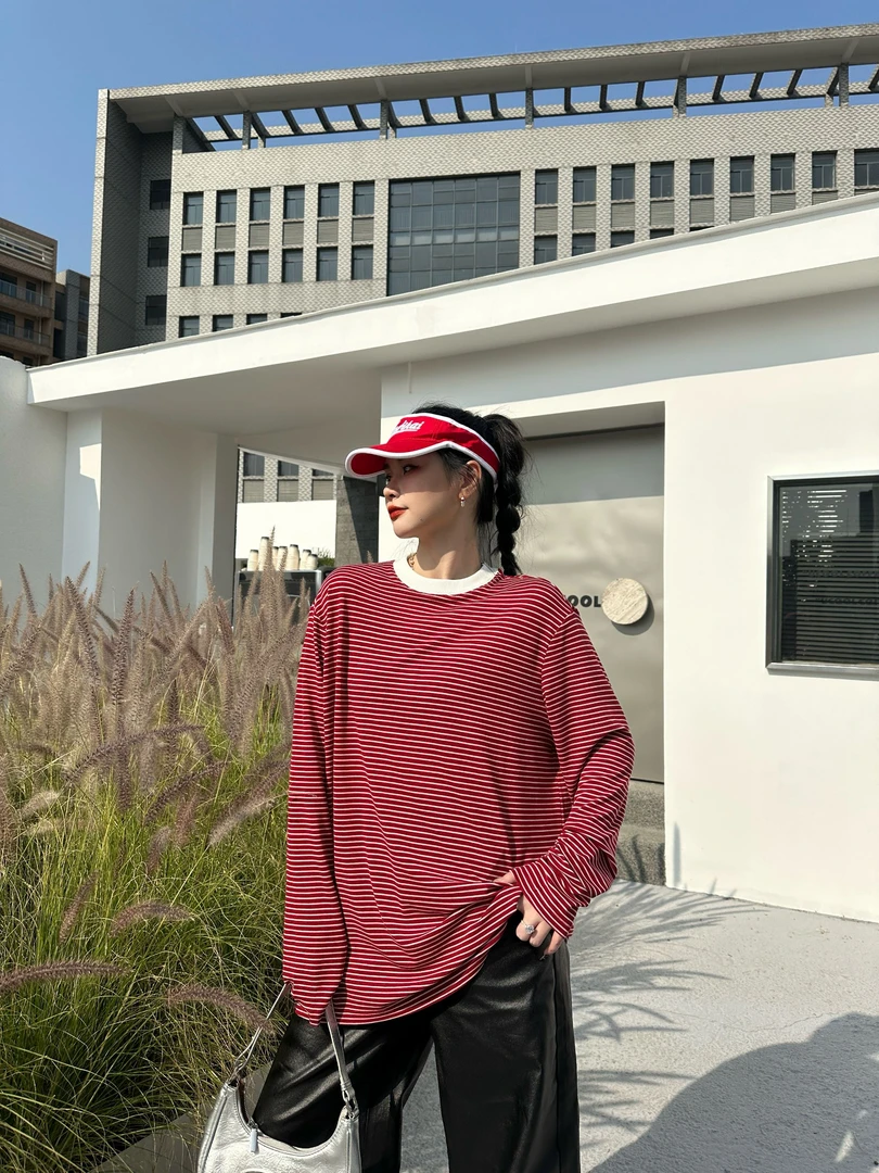 GGAHOLIDAY时尚休闲潮流宽松圆领套头长袖情侣条纹T恤上衣-151160