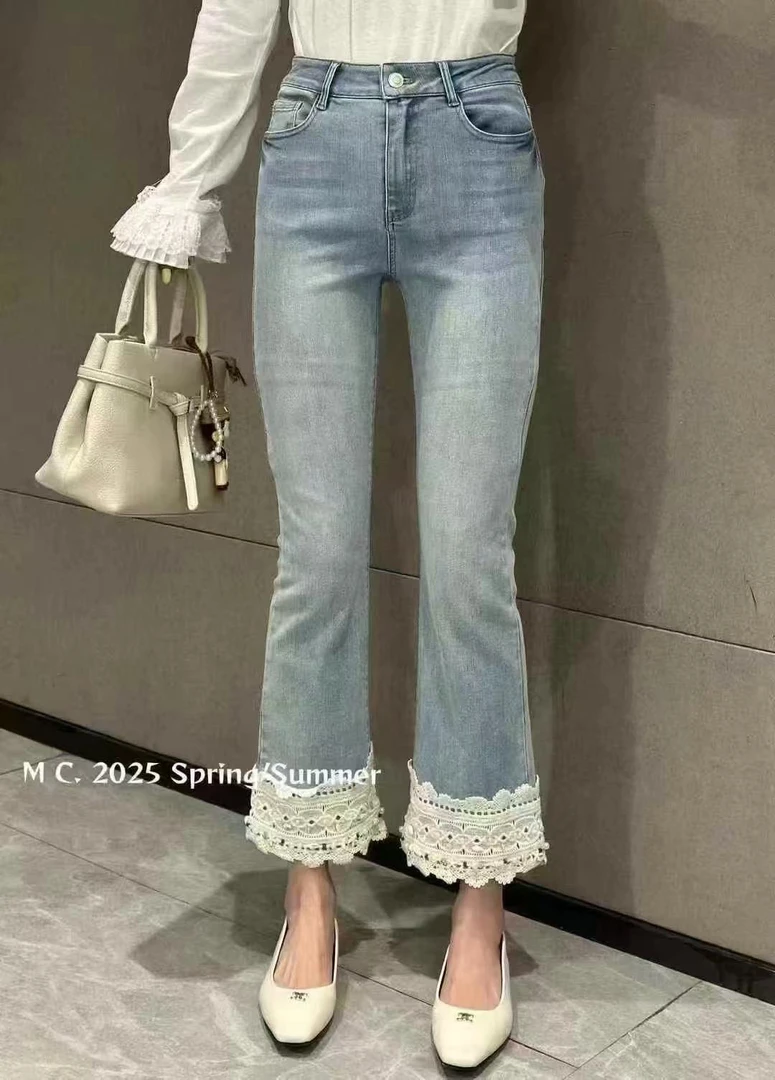 高品质～2025早春新款复古百搭显瘦裤脚蕾丝花边九分烟管裤女潮