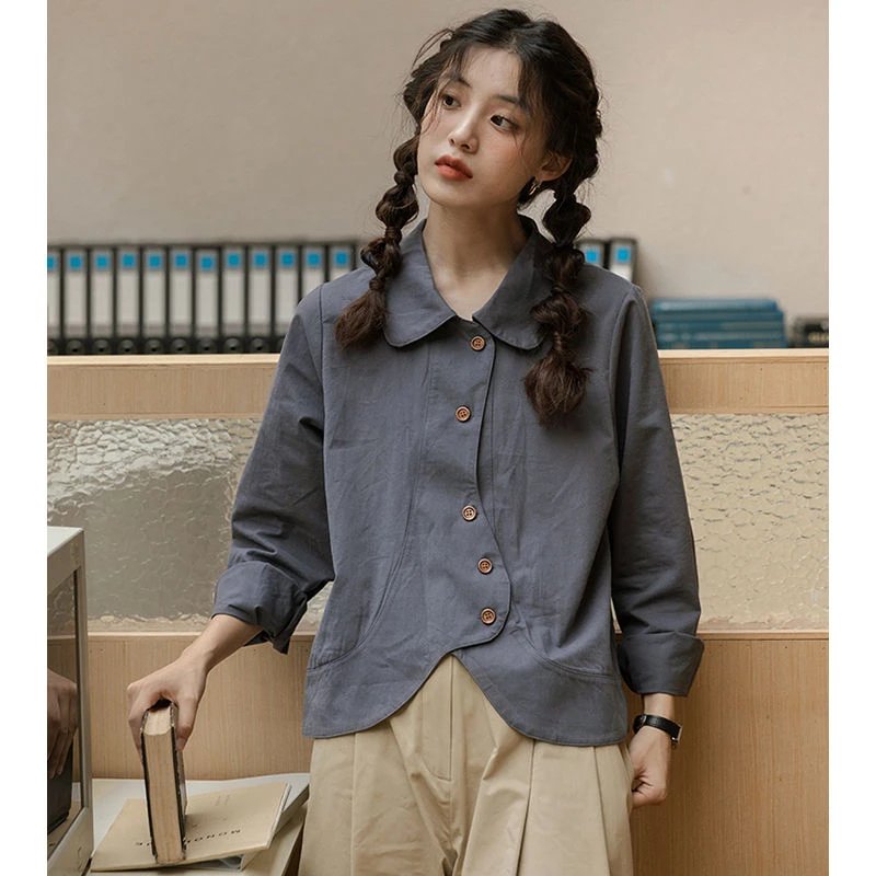 日系磨毛宽松显瘦设计感衬衫上衣女2025早秋款Polo领长袖开衫衬衣