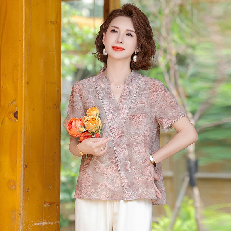 妈妈装气质小衫套装夏季新款时尚印花短袖显瘦高级两件套