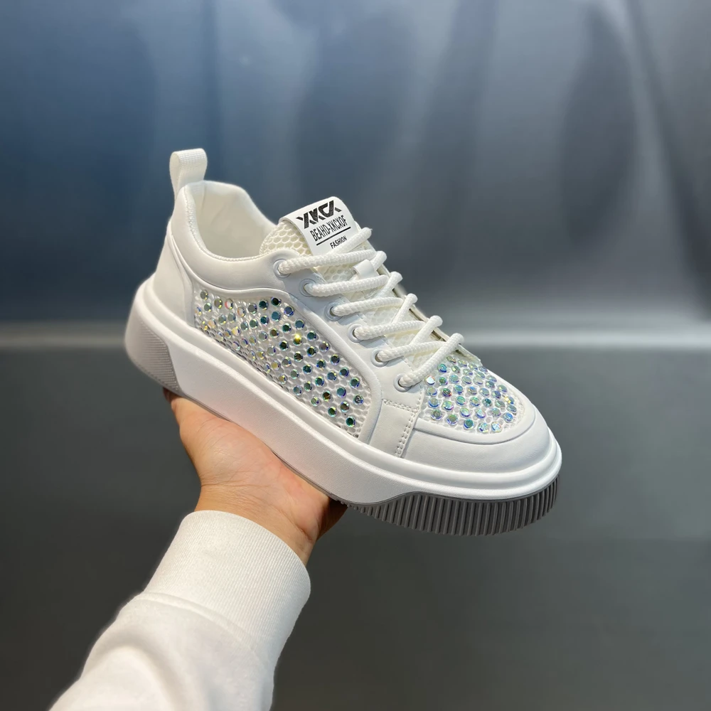 闪亮水钻夏季网面透气厚底板鞋时尚纯手工百搭舒适男士系带休闲鞋