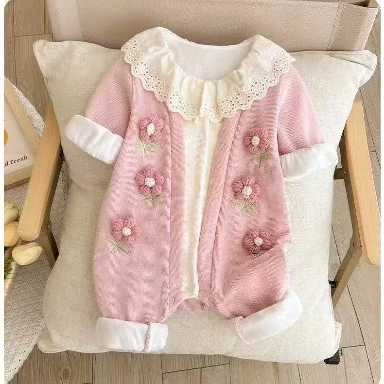 B类春秋长爬款女长袖A类哈衣爬服公主花边绣花连体衣