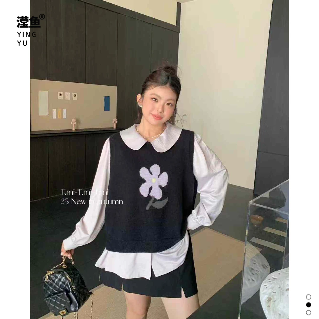 Tmi q911大码显瘦娃娃领衬衣衬衫百搭休闲宽松复古毛织马甲上衣