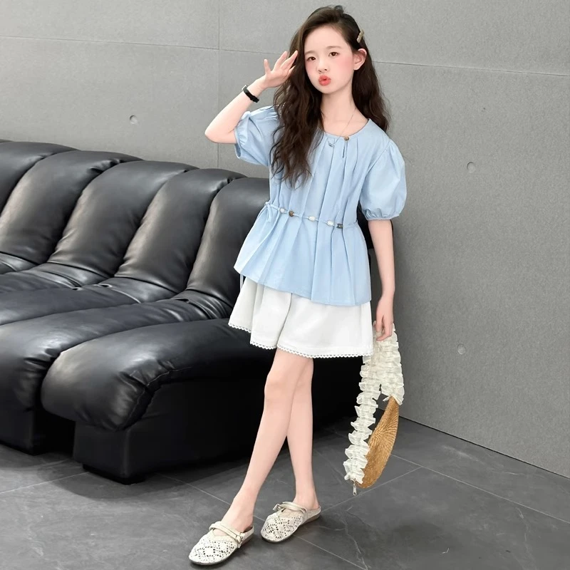 女童夏套装2025新款儿童韩系泡泡袖上衣夏装中大童夏日短裤两件套