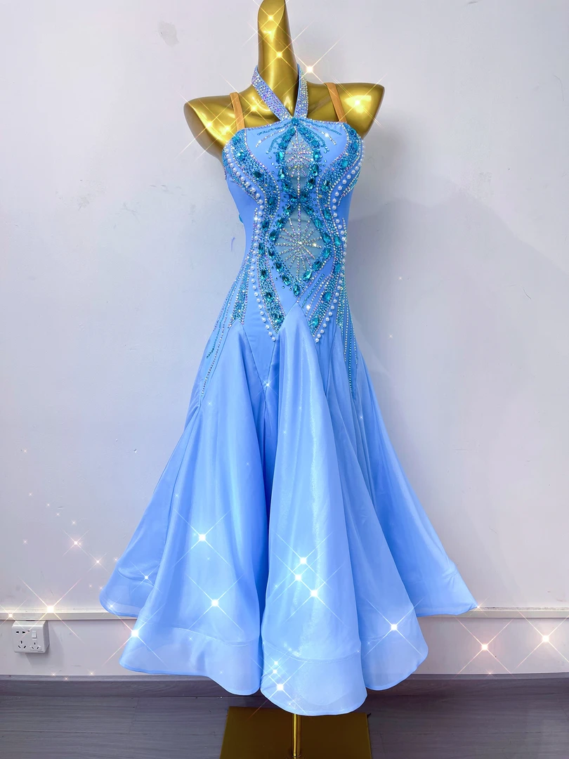 舞依阁定制新款浅蓝色摩登舞裙可改袖套袖飘国标舞交谊舞华尔兹