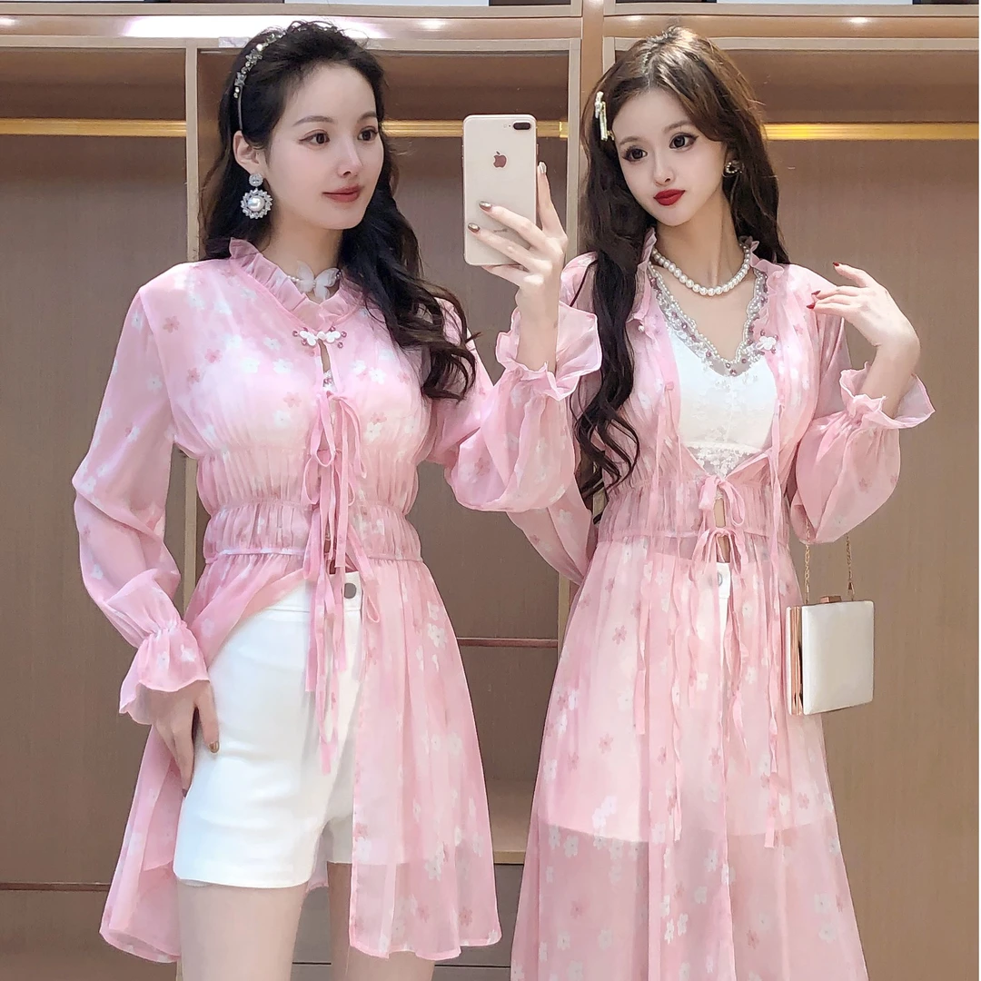 艾日秀甜美粉色欧若风碎花雪纺连衣裙蕾丝吊带+短裤三件套E8948