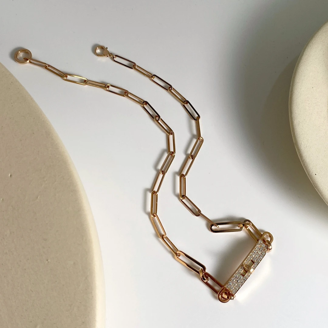 99新 Hermes/爱马仕 玫瑰金满钻Kelly chain项链