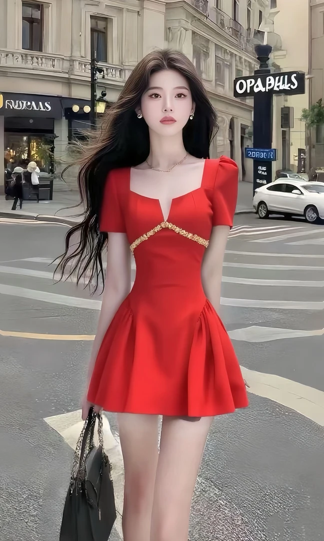 宝石红小众设计感辣妹气质连衣裙时尚短款夏季新款显瘦收腰个性