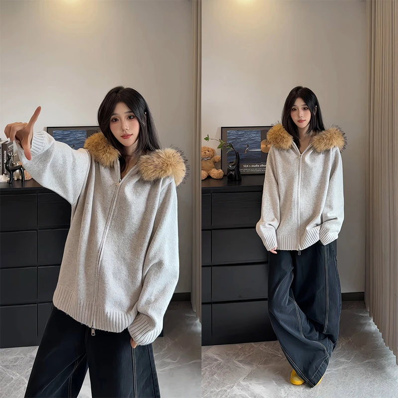 V37美式大毛领开衫毛衣秋冬chic松弛感针织衫情侣卫衣休闲上衣男