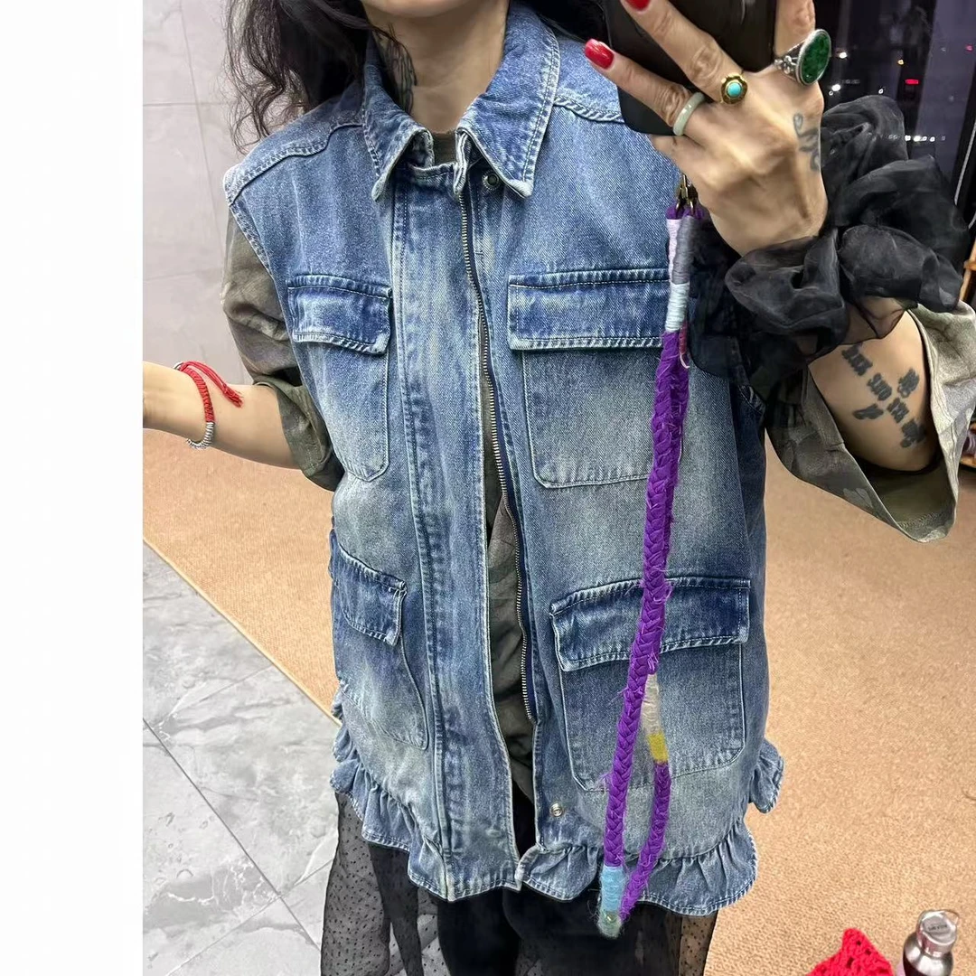0021背心牛仔花边马甲蓝色时尚宽松水洗