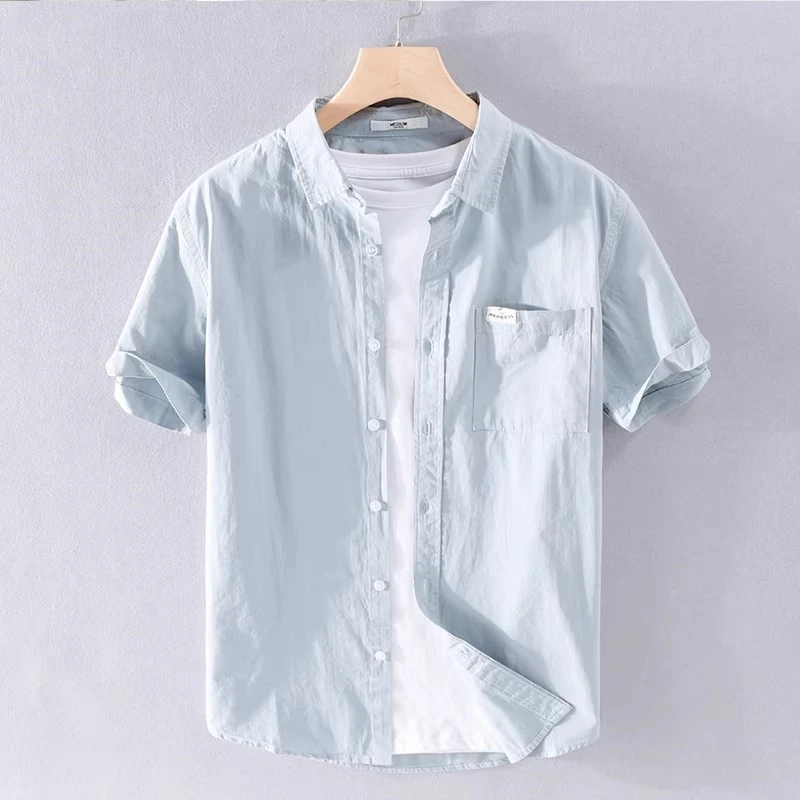 格子冰丝新款亚麻纯色短袖衬衫文艺休闲男士夏季清新衬衣百搭寸衫