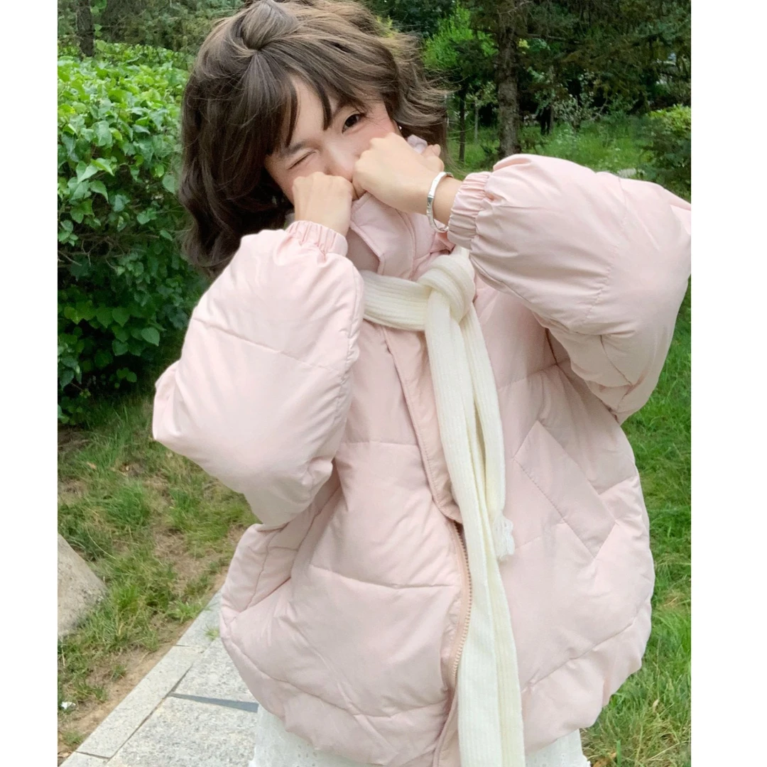 超好看奶huhu可爱风小个子棉服女学生外套新款保暖棉衣学生围巾白