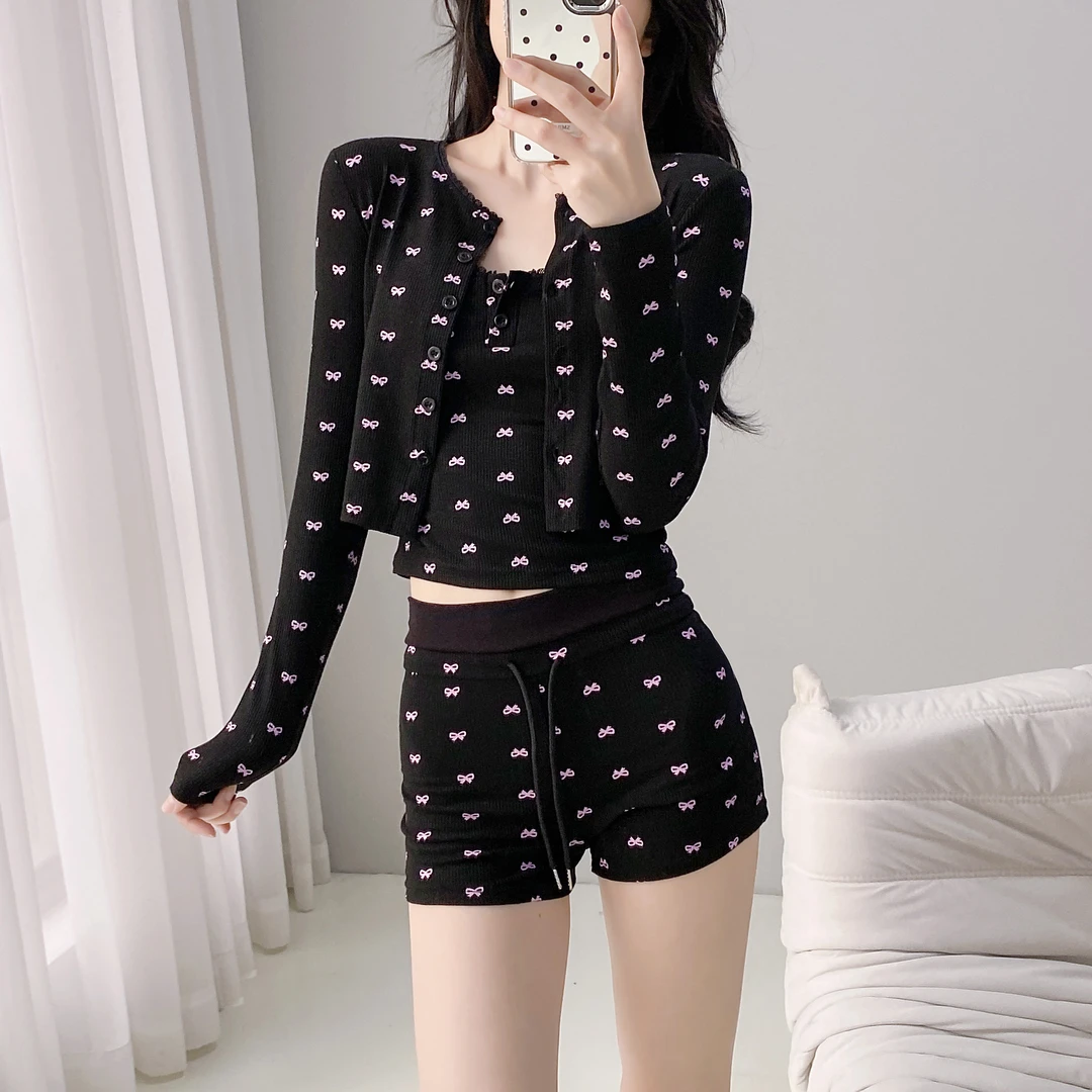 韩版纯欲睡衣女夏季带胸垫性感高腰显瘦修身可外穿短款家居服套装