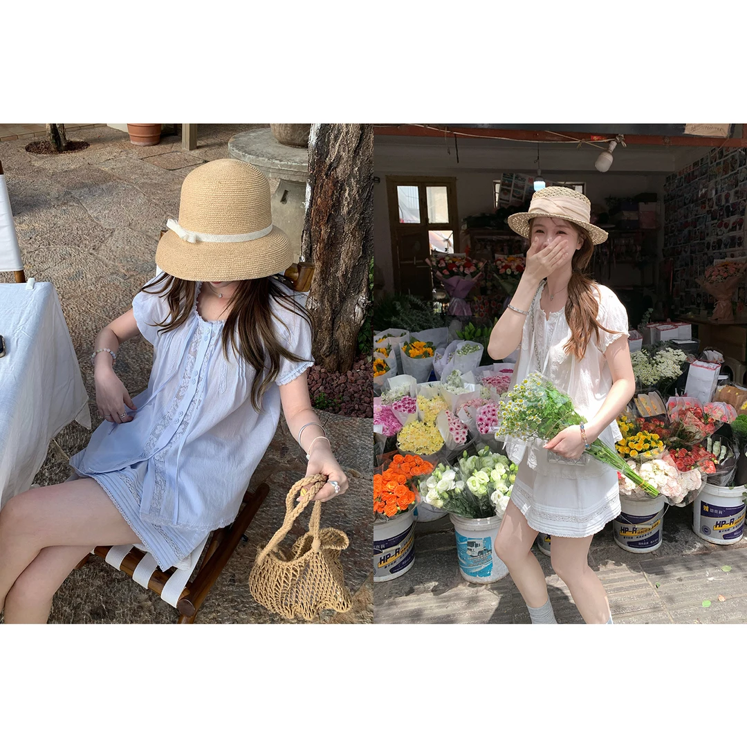 im向 蓝椰奶冻~氧气感蕾丝拼接短袖上衣+花边短裙