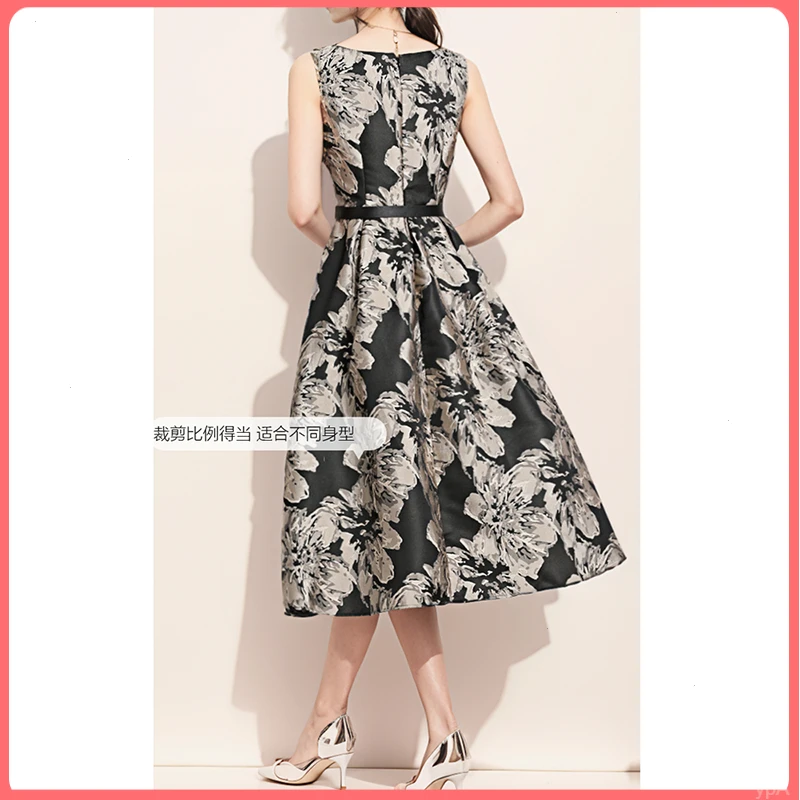 法式富家千金感穿搭高级感长裙重工礼服早夏无袖背心印花连衣裙女