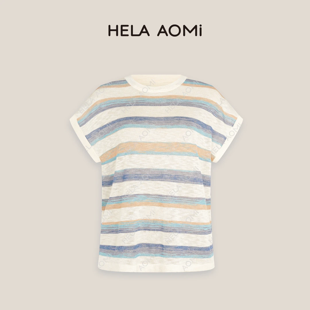 HELAAOMI“彩虹衫”莱赛尔亚麻复古撞色条纹短袖针织上衣CY5BM32536