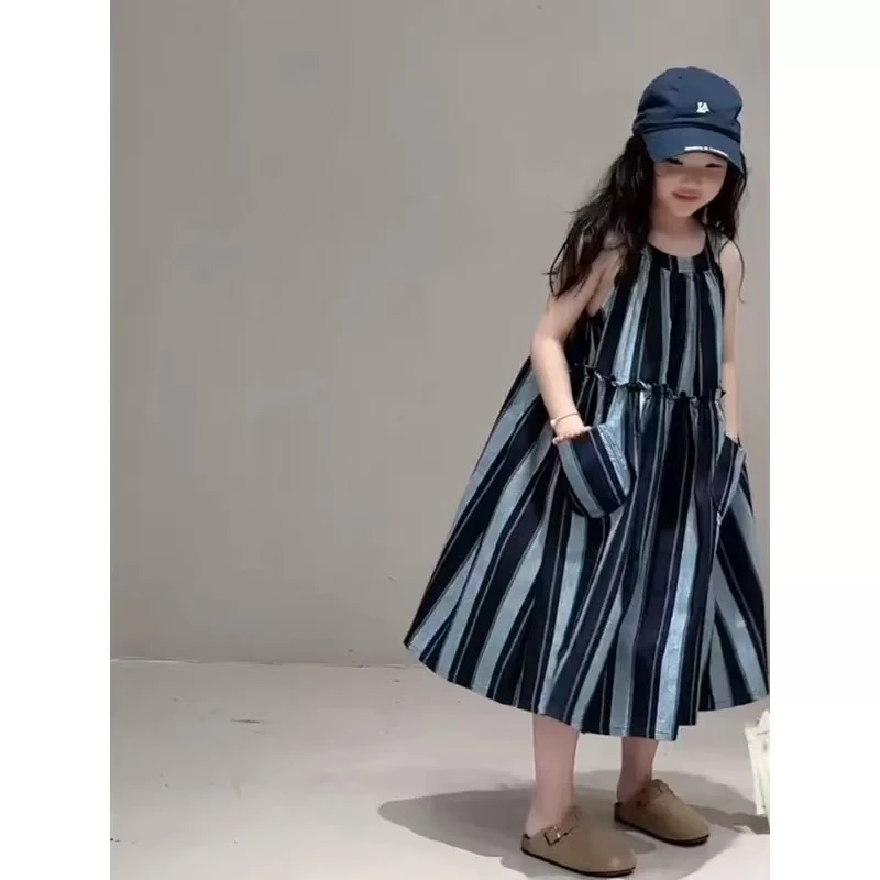 韩版童装女童2025新款儿童条纹棉布连衣裙女孩洋气无袖裙