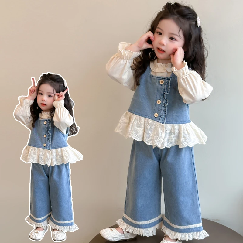 女童套装春装洋气儿童牛仔马甲阔腿裤三件套女孩宝宝春秋2025新款