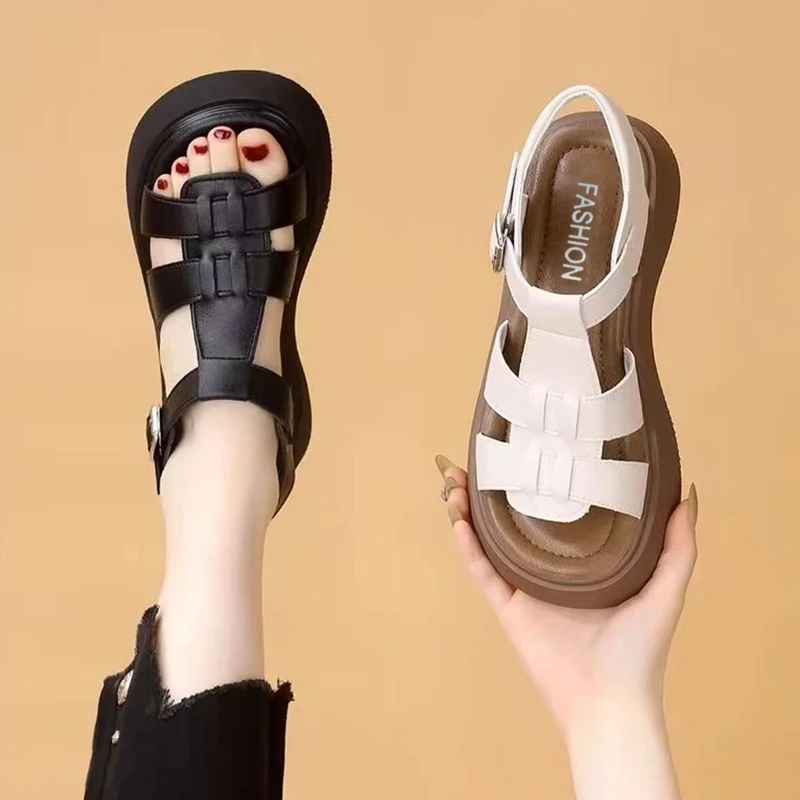 露趾厚底凉鞋女2025夏季新款百搭编织时尚外出一字扣带凉女