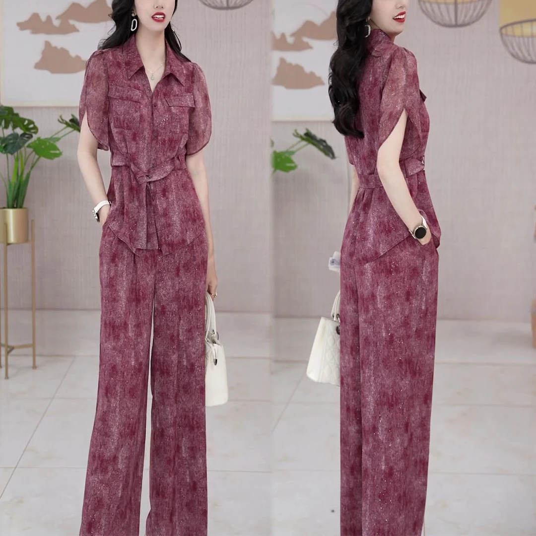 时尚休闲显瘦套装女夏季新款洋气设计感绑带短袖上衣阔腿裤两件套