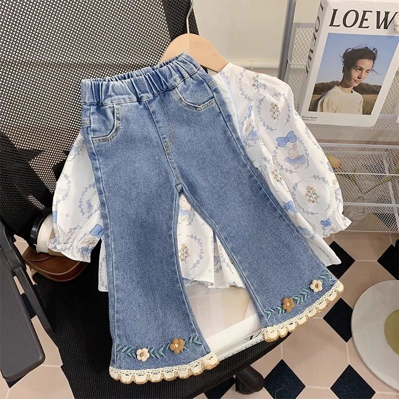 儿童女童裤子春秋绣花2025新款洋气宝宝长裤小童儿童喇叭裤牛仔裤