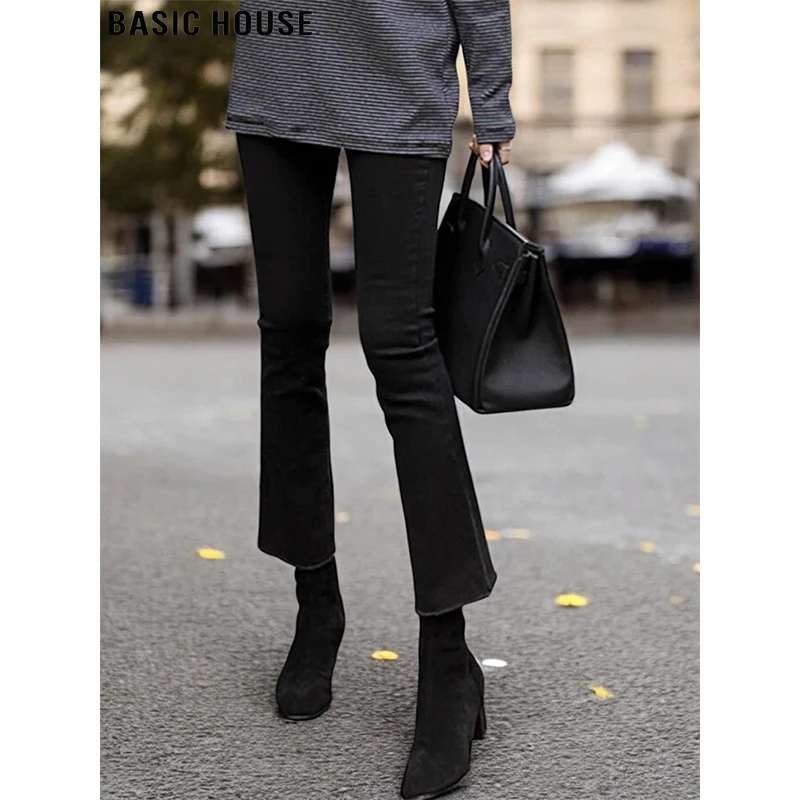 Basic House/百家好九分微喇牛仔裤高腰直筒喇叭裤女复古加绒显瘦