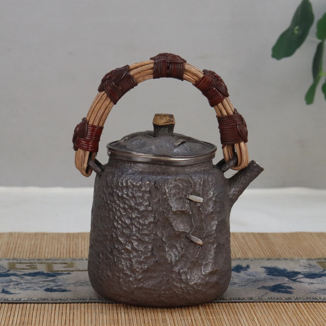 纯银999银壶藤编提梁壶烧水壶纯手工錾刻茶壶功夫茶具