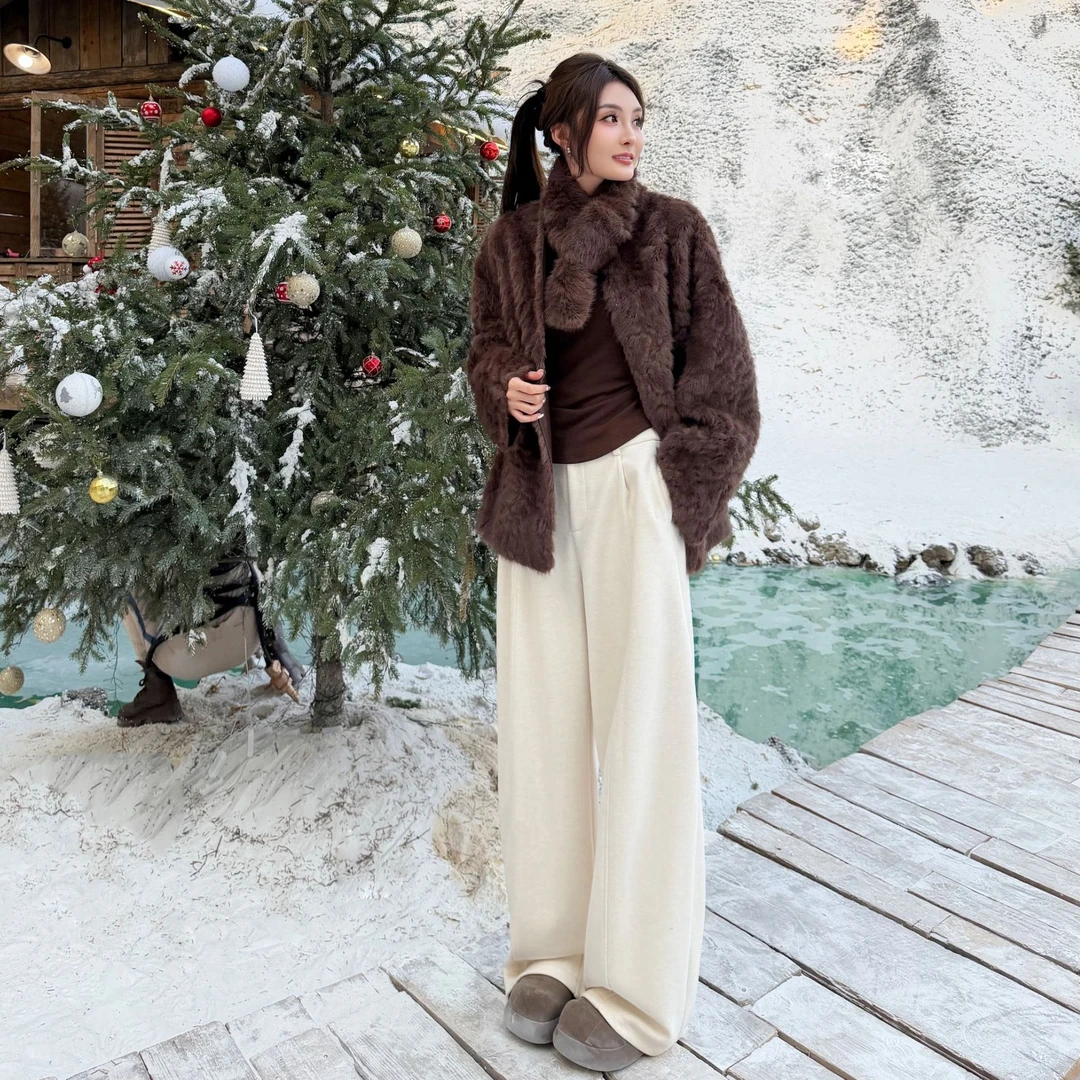 Moprobably李予诺「奶绒裤」骆驼绒时尚简约百搭直筒休闲裤L5463028