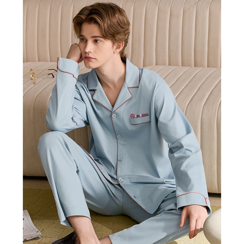 芬腾男士睡衣春季纯棉长袖开衫套装宽松休闲加大码全棉秋天家居服