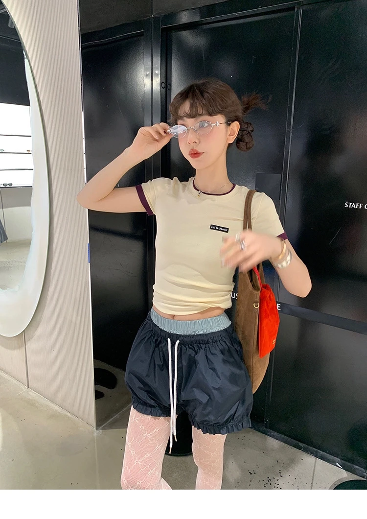 le rouge周美美 高智知识分子复古学刺绣小logo假两件撞色短袖T恤