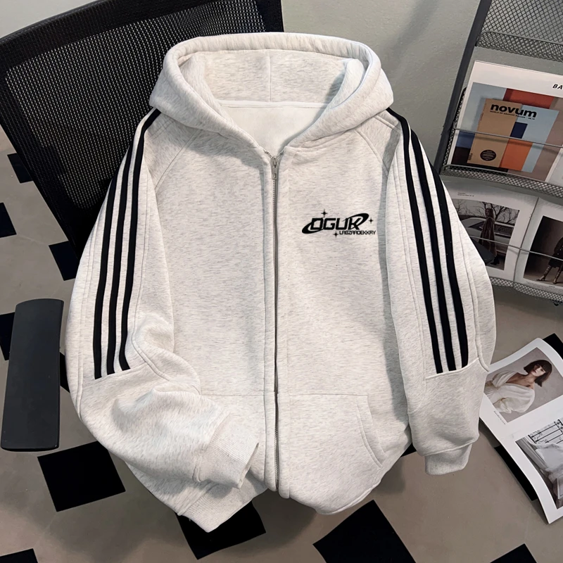 jtrt潮牌美式宽松开衫拉链连帽卫衣男女秋冬字母印花运动条纹外套