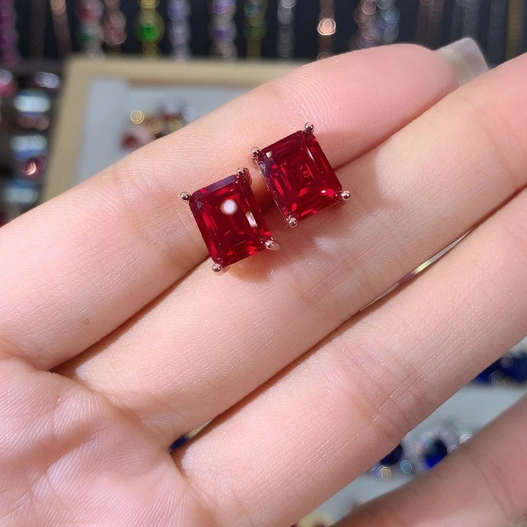 银S925镶嵌耳饰红宝石玫瑰金酒红79