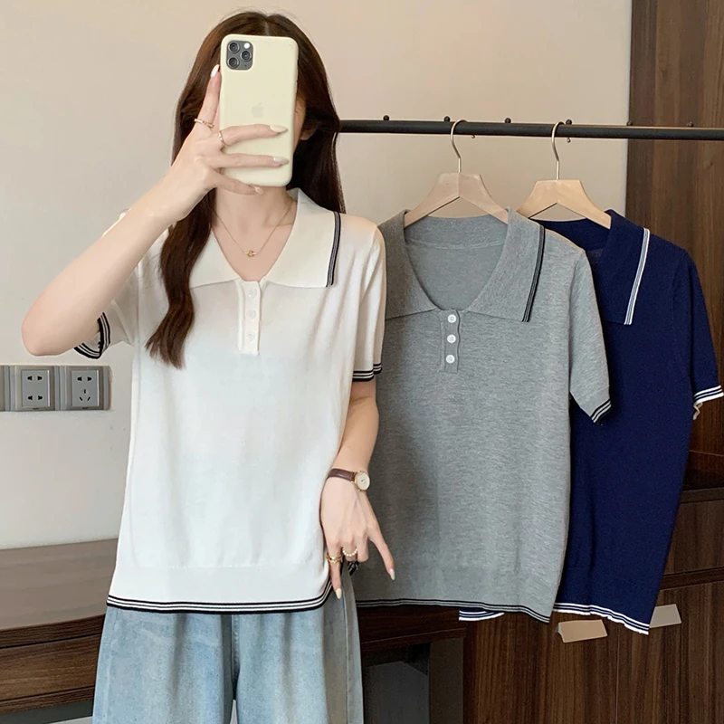 大码女装2025夏季新款v领宽松型薄款减龄小众针织衫短袖上衣50023