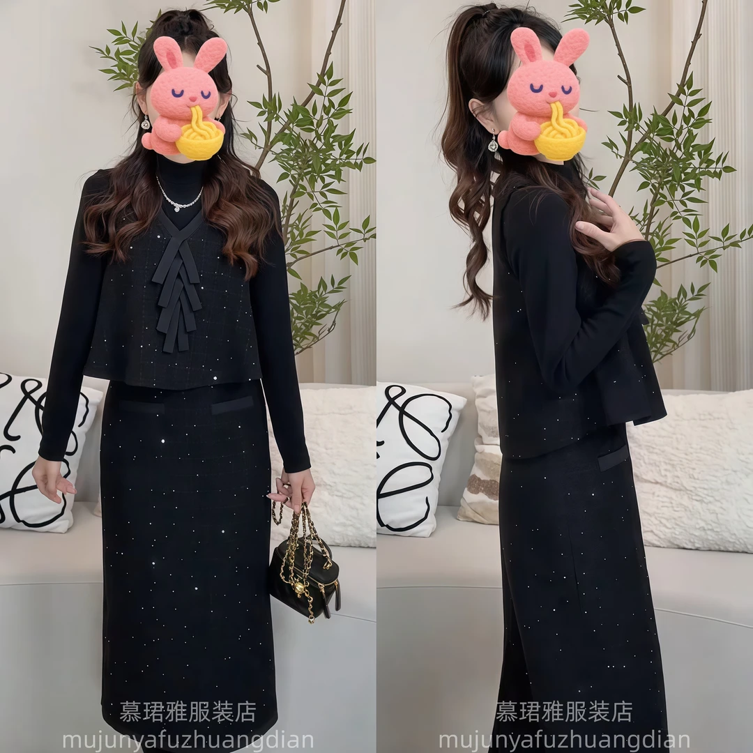 轻熟风休闲风时尚套装毛呢显瘦秋季半裙黑色短裙百搭三件套