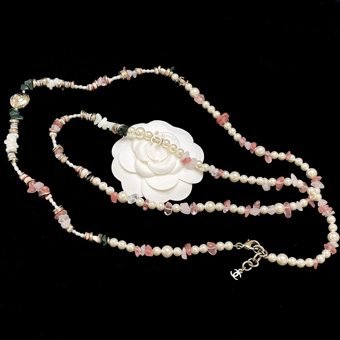 95新 Chanel/香奈儿 贝壳粉水晶珍珠长项链 2501701